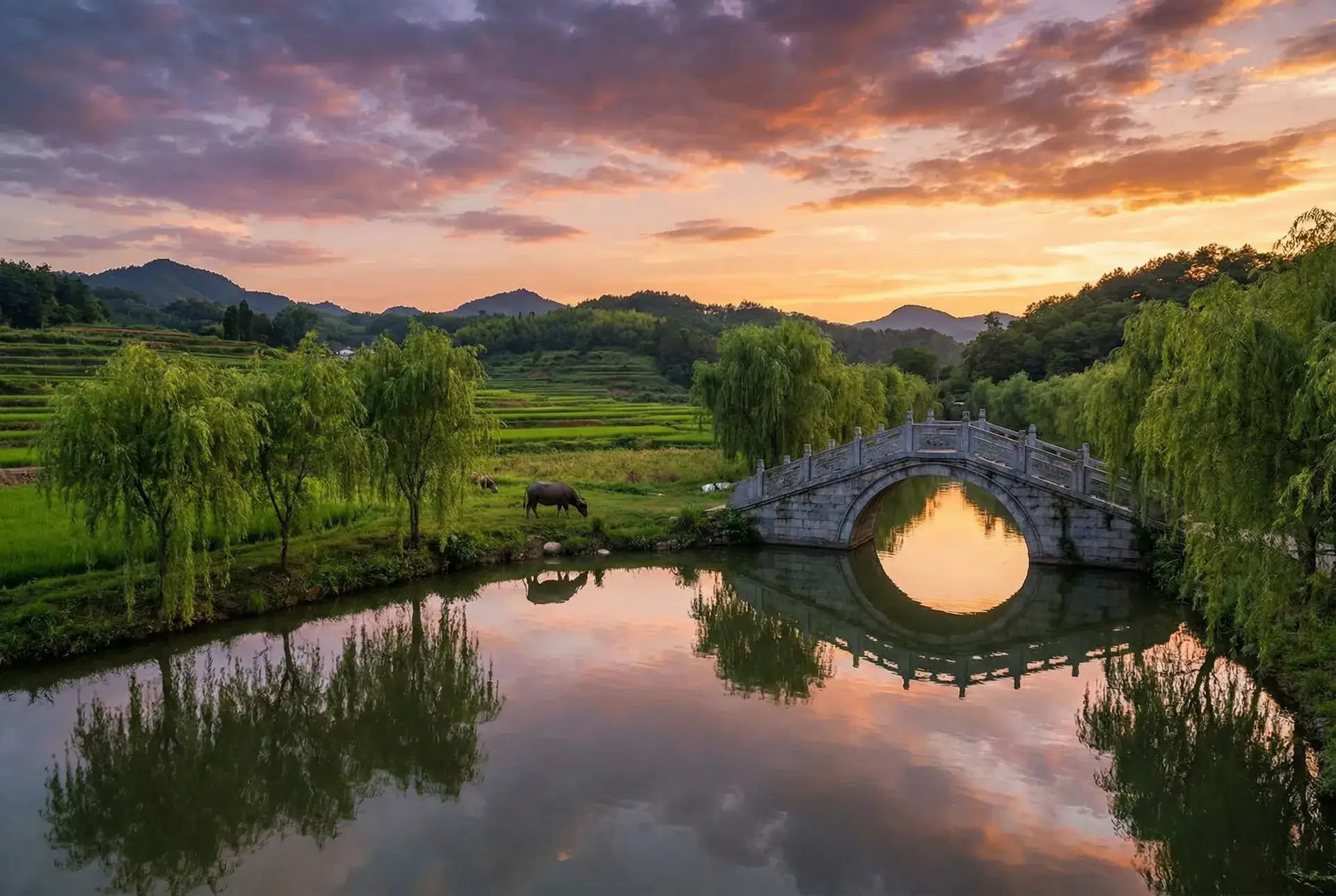 夕阳下的石拱桥与垂柳，水牛在河边吃草 - 撒旦总裁的天价玩偶 乡村美景